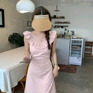 Váy dài hở eo phối bèo cổ dáng dài tiểu thư